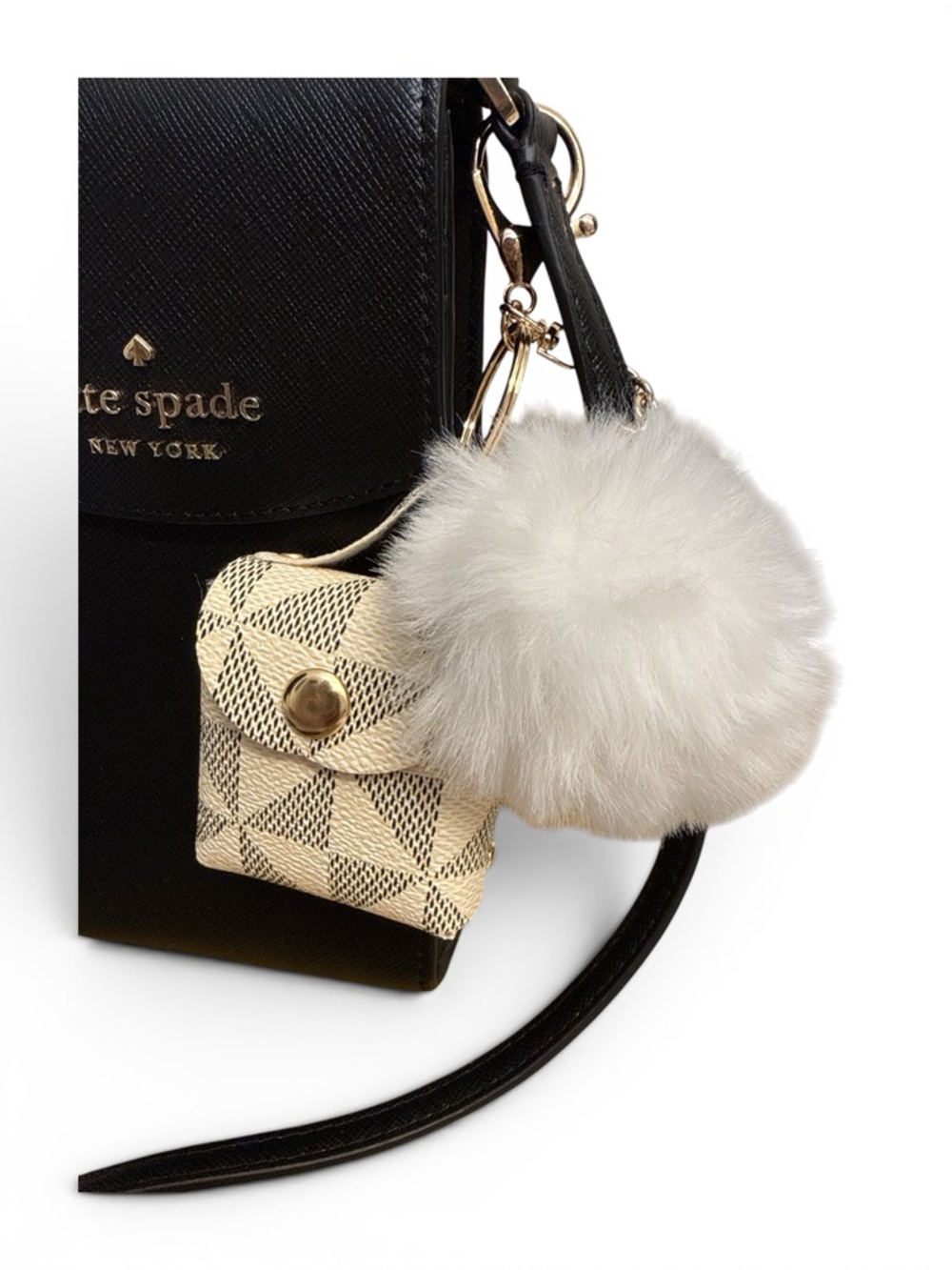 kate spade Black Leather Crossbody Phone Pouch with Pom and Card Pouch - Picture 2 of 5